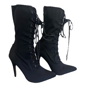 MACKIN J Women's 6.5 High Heel Boots Lace Up Mid Calf Stiletto Dress Booties